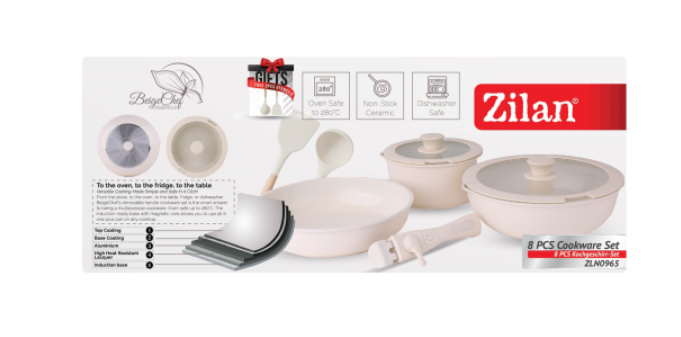 Set vase de gatit Zilan ZLN0965 din 8 piese, 5 straturi de material, compatibil cuptor