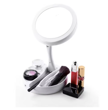 Oglinda cu 2 fete, rotunda pentru machiaj cu iluminare LED, Pliabila, 25 cm, Efect de lupa