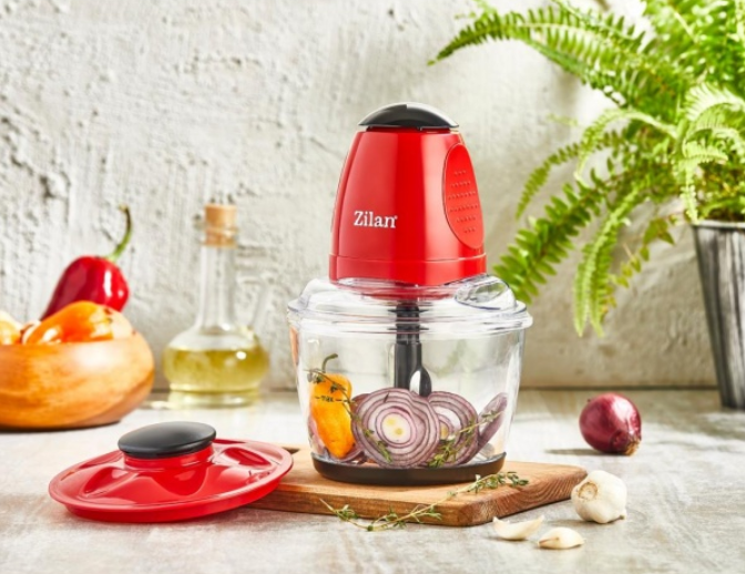 Mini tocator Zilan Rosu, putere 200W, capacitate 1L, vas din sticla
