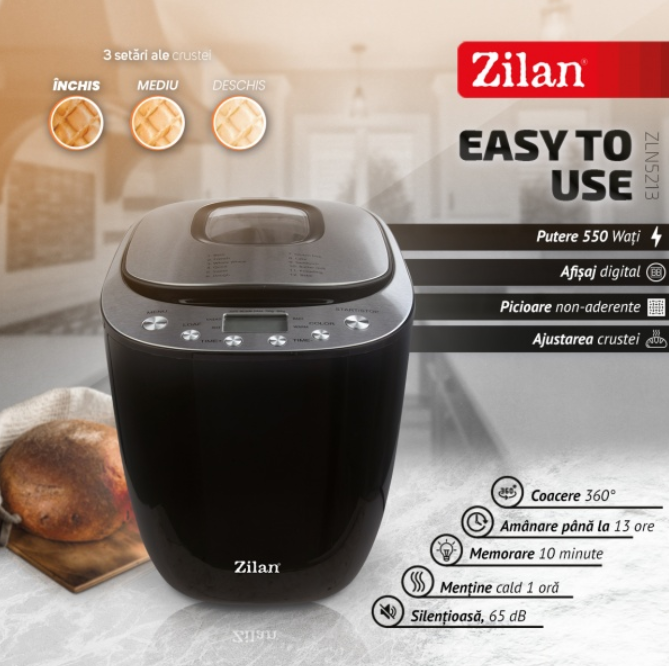 Masina de facut paine Zilan Negru, putere 550W, ecran digital, coacere ajustabila