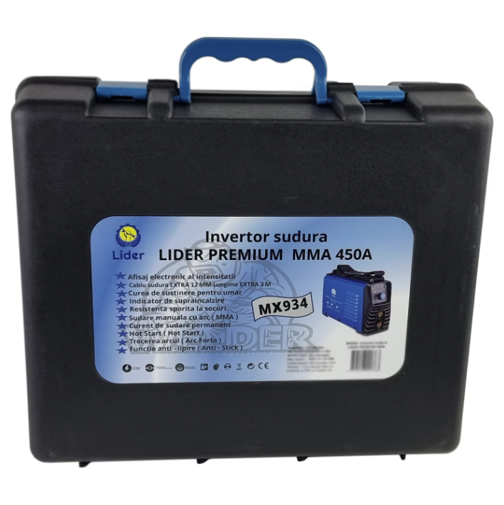 Aparat sudura LIDER PREMIUM MMA 450 A MX934 afisaj electronic cablu 12mm / 3m valiza transport