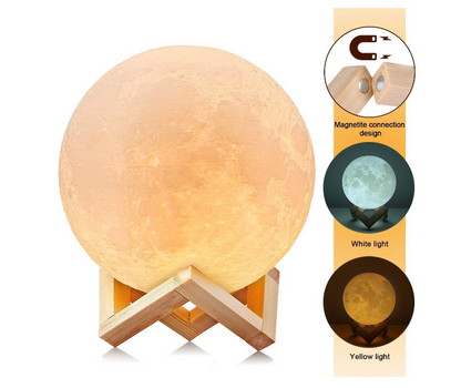 Moon Lamp 3D, Lampa Luna 15 CM LED Portabila, Stand Lemn, Alb Cald si Rece, Intensitate Reglabila, Reincarcabila