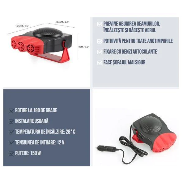 Aeroterma auto cu aer cald si rece, incalzire/dezaburire, 12V, 150W