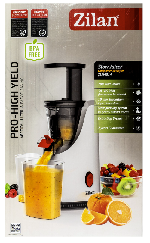 Storcator de fructe si legume cu melc Zilan ZLN-4014, 200 W, 58-65 RPM, Recipient suc 600 ml, Recipient pulpa 600 ml, Functie Reverse