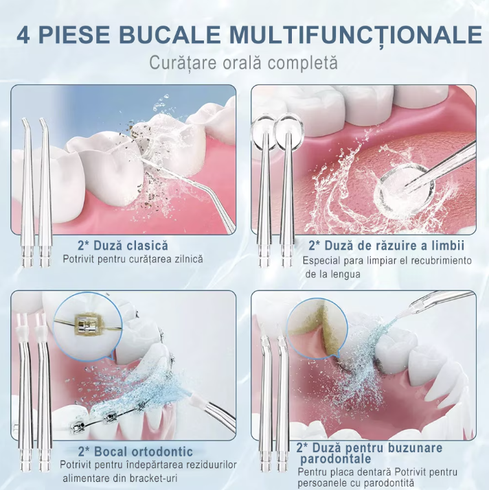 Irigator bucal electric, 3TREPTE de presiune,8 capete curatare, fara fir, IPX6, Rezervor 220 ML