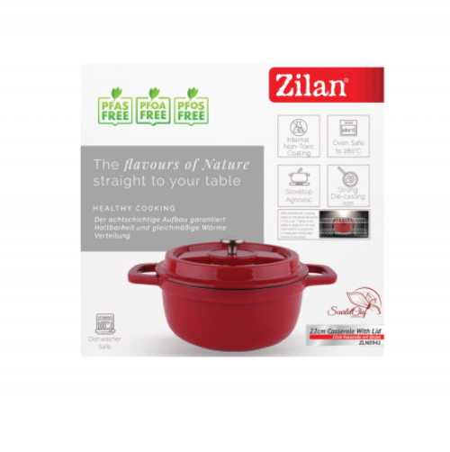 Oala Zilan ZLN0941, Din fier turnat sub presiune puternica, 2.6L, Diametru 22 cm, Inaltime 10 cm, Compatibila cuptor si masina de spalat vase