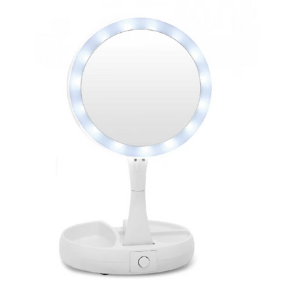 Oglinda cu 2 fete, rotunda pentru machiaj cu iluminare LED, Pliabila, 25 cm, Efect de lupa