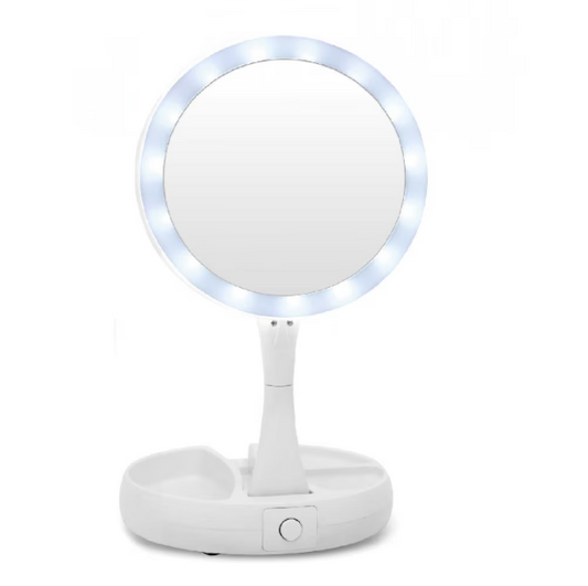 Oglinda cu 2 fete, rotunda pentru machiaj cu iluminare LED, Pliabila, 25 cm, Efect de lupa