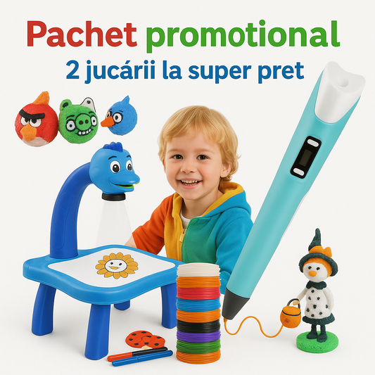 PACHET PROMO: Masuta Pentru Desenat cu Proiector si Diapozitive + CREION pentru desenat 3D cu afisaj LCD pentru desene tridimensionale 3D Pen
