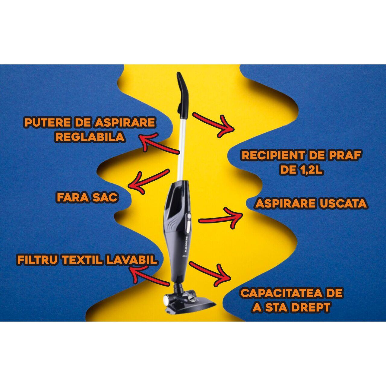 Aspirator vertical de mana HAUSBERG 2 in 1, fara sac, aspirare uscata, filtru textil lavabil, 1.2 l, 800 W