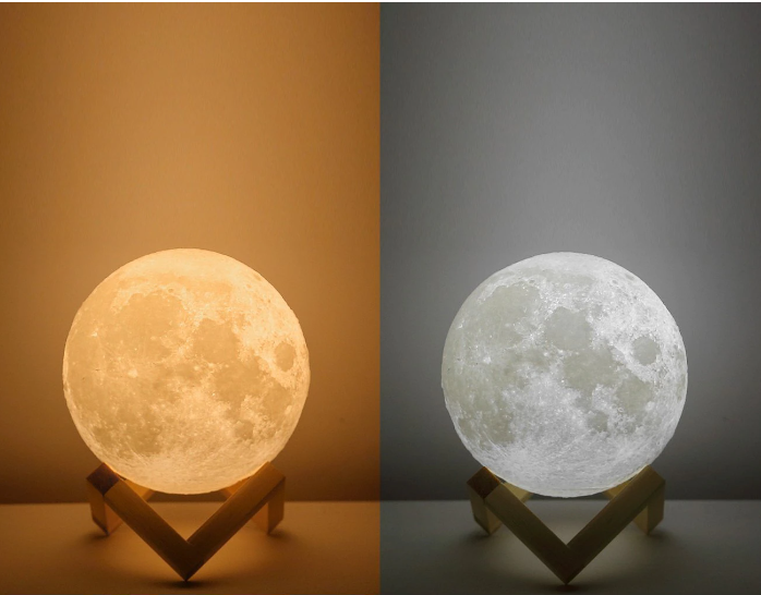 Moon Lamp 3D, Lampa Luna 15 CM LED Portabila, Stand Lemn, Alb Cald si Rece, Intensitate Reglabila, Reincarcabila