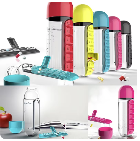 Sticla de apa cu organizator de pastile 600 ml