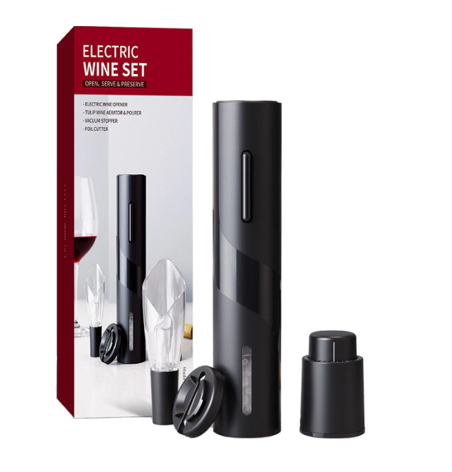 Set Tirbuson electric pentru sticla de vin, 4 piese, 6V, 25W, Negru