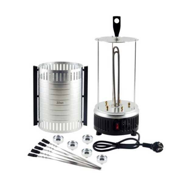 Gratar vertical Zilan ZLN5565 argintiu, putere 900W, rotatie automata, 5 bete pentru frigarui