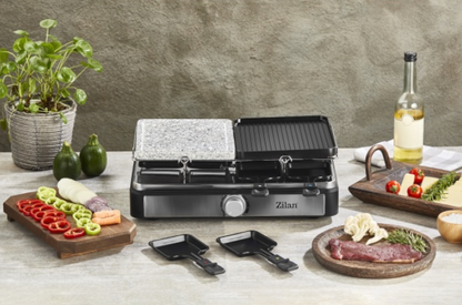 Gratar electric cu raclette Zilan, placa de piatra si placa de aluminiu, putere 1400 W, Gri