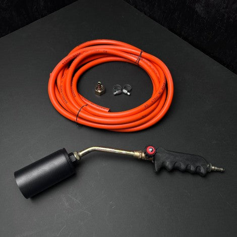 Set Arzator profesional 42cm si furtun gaz 5 metri, accesorii incluse, parlitor pentru butelie, macelarie, negru