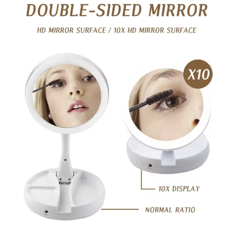 Oglinda cu 2 fete, rotunda pentru machiaj cu iluminare LED, Pliabila, 25 cm, Efect de lupa