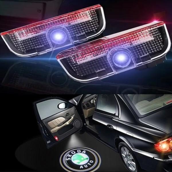 Set 2 Holograme LED cu LOGO Skoda Superb pentru Portiere