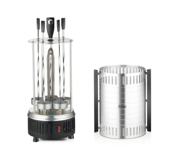 Gratar vertical Zilan ZLN5565 argintiu, putere 900W, rotatie automata, 5 bete pentru frigarui