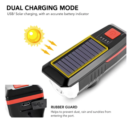 Far lampa cu panou solar pentru bicicleta / trotineta, claxon, usb, functie incarcare telefon