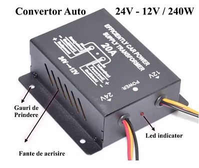 Convertor Auto 20A pentru Tensiune 24V - 12V