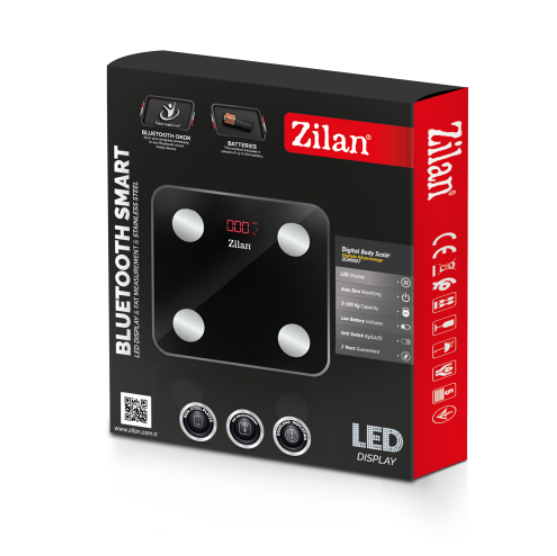 Cantar corporal Zilan din sticla securizata, capacitate 3-180kg, Aplicatie OKOK, Display LED