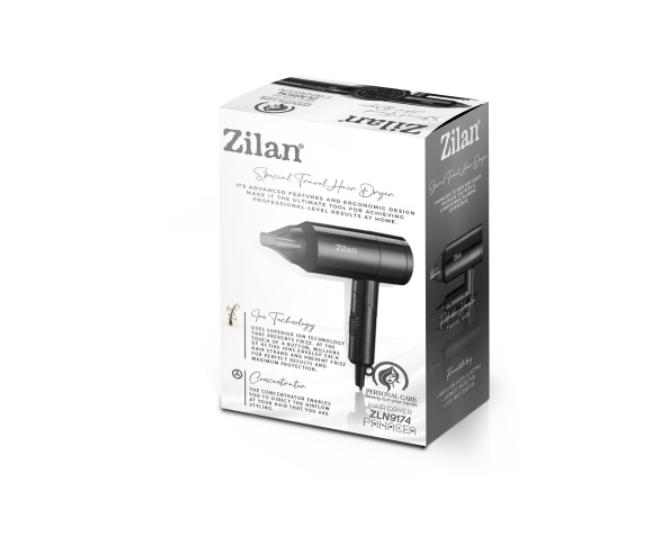 Uscator de par Zilan ZLN9174, Maner pliabil, 3 trepte de temperatura, 1800W, 2 trepte de viteza, Functie ionica
