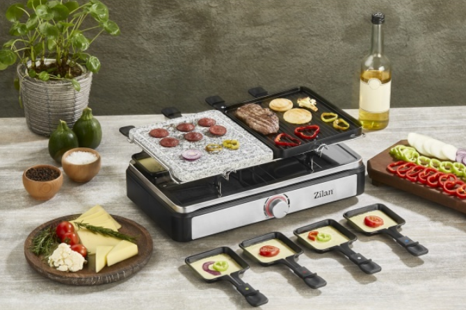 Gratar electric cu raclette Zilan, placa de piatra si placa de aluminiu, putere 1400 W, Gri