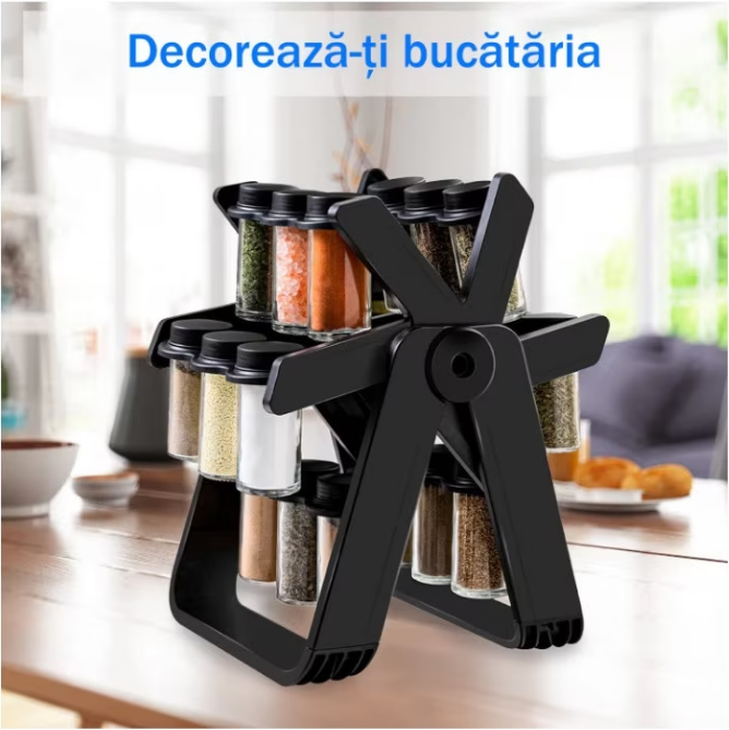 Suport Rotativ Condimente, 18 Sticlute 100ml, Etichete, Creion Alb, Mini Palnie, Economiseste Spatiu, Usor de Montat, Negru