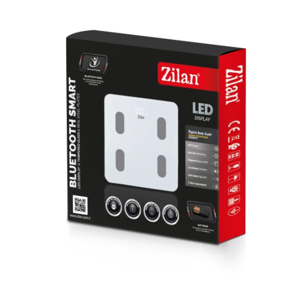 Cantar corporal Zilan ZLN din sticla securizata, capacitate 3-180kg, Aplicatie OKOK, Display LCD