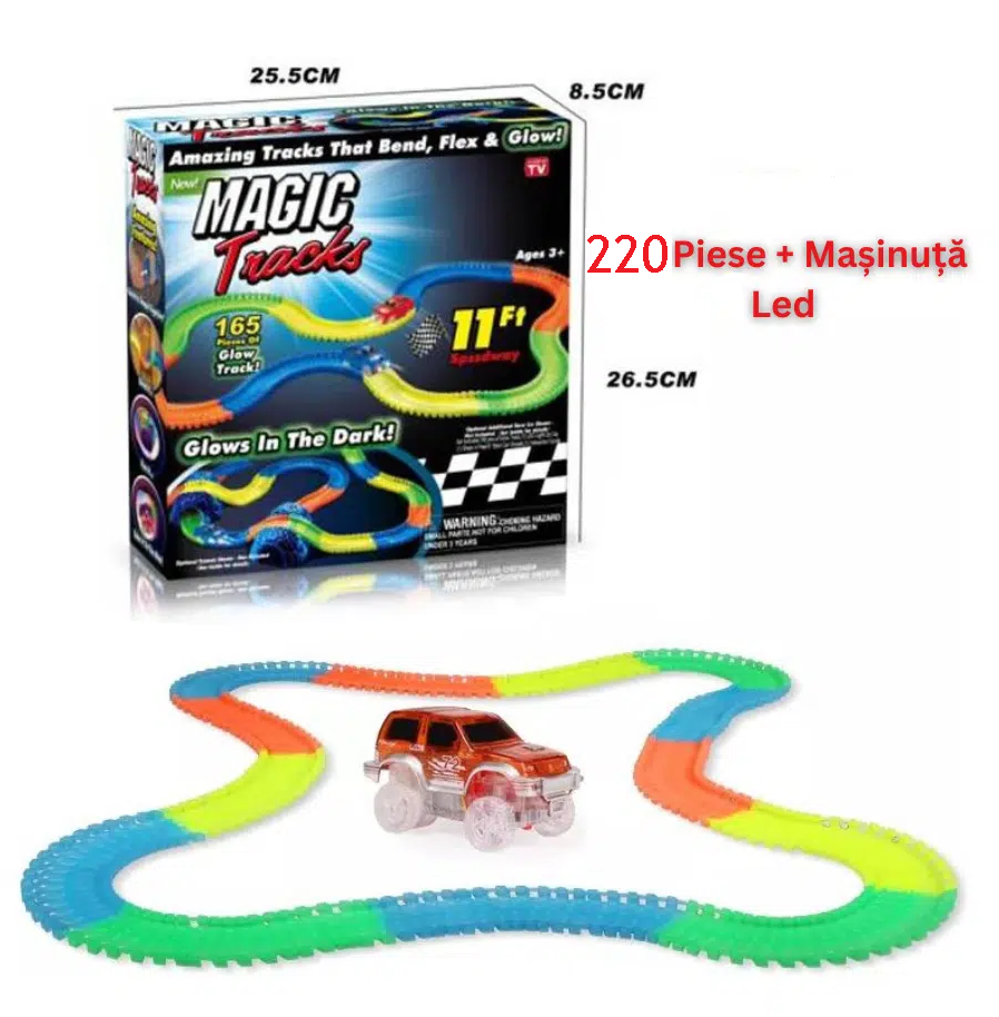 Pistă flexibilă strălucitoare Magic Tracks, 220 piese + mașinuță LED