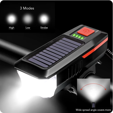 Far lampa cu panou solar pentru bicicleta / trotineta, claxon, usb, functie incarcare telefon