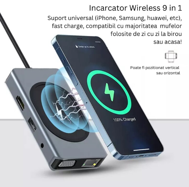 Hub cu 9 porturi diferite Q HU666 si incarcare wireless
