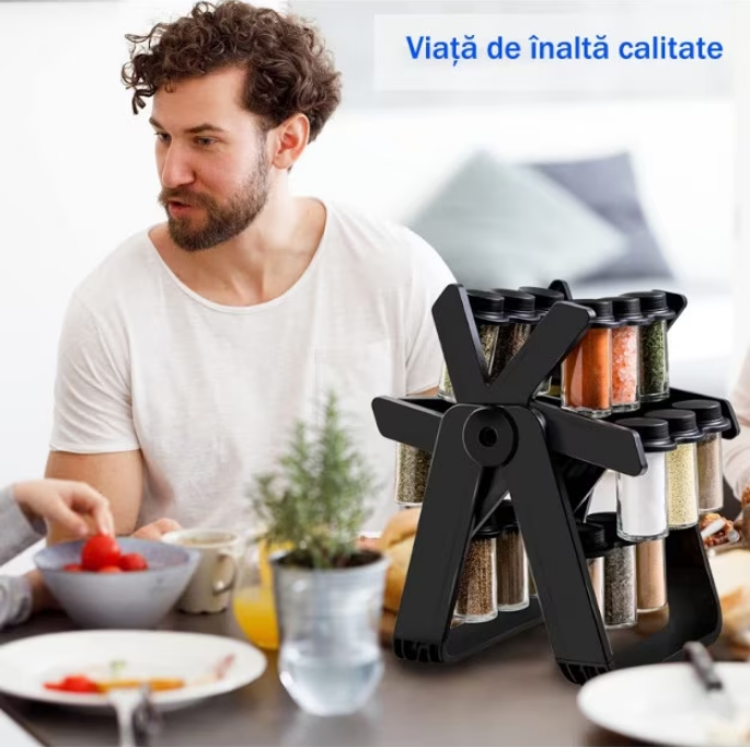 Suport Rotativ Condimente, 18 Sticlute 100ml, Etichete, Creion Alb, Mini Palnie, Economiseste Spatiu, Usor de Montat, Negru