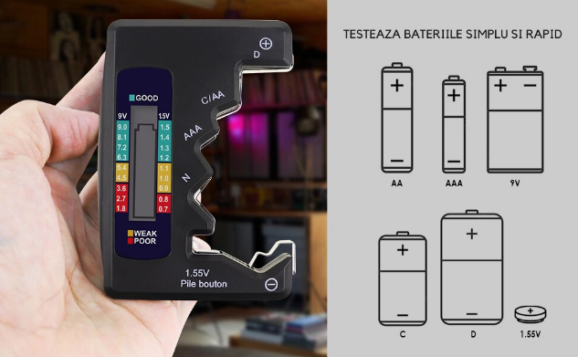 Tester Baterii Universal Digital, Display LCD, Instrument de Diagnosticare Capacitate, pentru C D N AA AAA 9V 1.5V, Portabil, Usor de Folosit, Negru