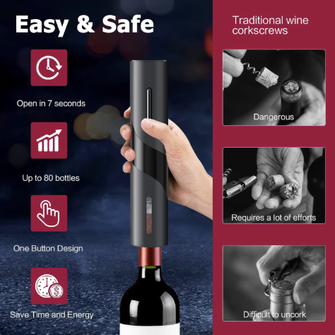 Set tirbuson electric pentru sticle de vin 4 accesorii cutter pentru taierea sigiliului aerator dop cu pompa vid