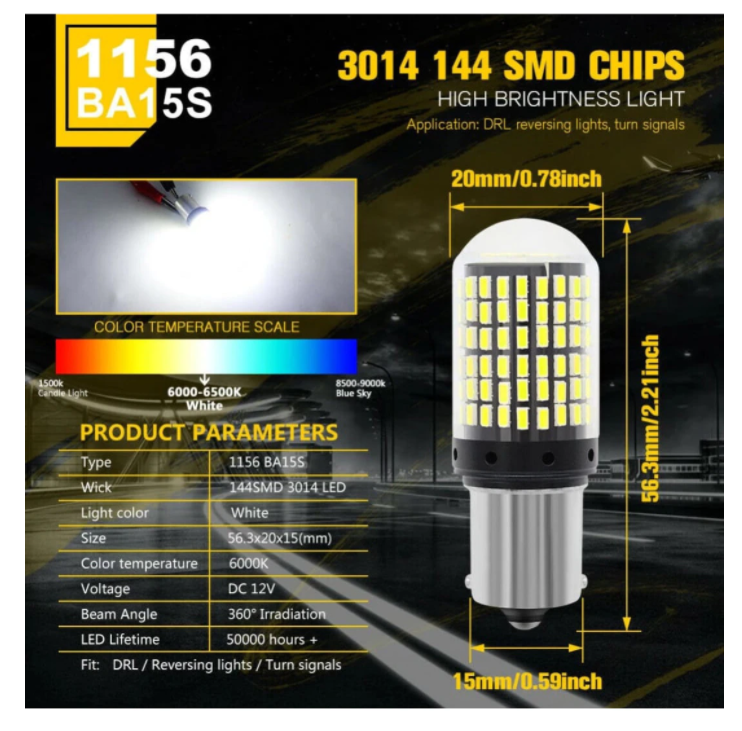 SET Bec LED Canbus 1156/BA15S P21W 3014, 144 LED-uri Marsarier