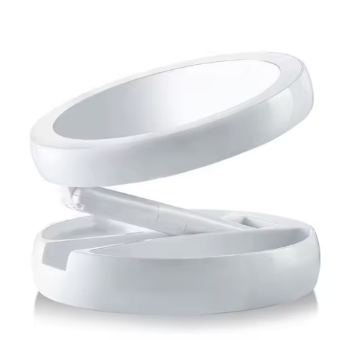 Oglinda cu 2 fete, rotunda pentru machiaj cu iluminare LED, Pliabila, 25 cm, Efect de lupa