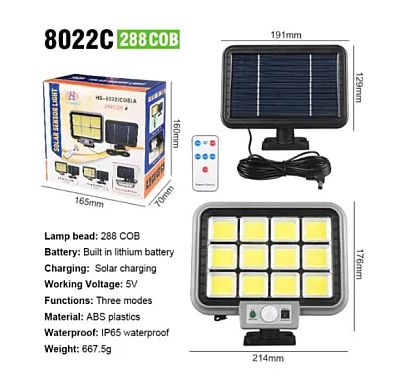 Proiector solar 288LED, 50W, senzor de miscare, HS-8022 telecomanda, 3 moduri de iluminare