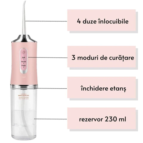Irigator bucal electric, 3TREPTE de presiune,8 capete curatare, fara fir, IPX6, Rezervor 220 ML