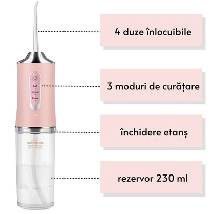 Irigator bucal electric, 3TREPTE de presiune,8 capete curatare, fara fir, IPX6, Rezervor 220 ML