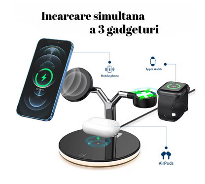 Incarcator Wireless 3 in 1 cu LED Model 970 pentru Telefon Ceas Casti