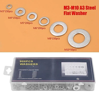 Kit 900 de garnituri plate din otel A3, include 6 dimensiuni diferite: M3 M4 M5 M6 M7 M8 M10