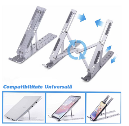 Suport Aluminiu Pliabil  Laptop ,6 Trepte, Design Special Disipare Caldura, Multifunctional, Ajustabil, Ventilare Notebook, Tableta, Telefon, Compact, 8-15,6 Inch, Gri