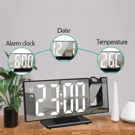 Ceas De Masa Tip Oglinda, Ecran LED Cu Proiectie 3D, Afisare Temperatura, Alarma