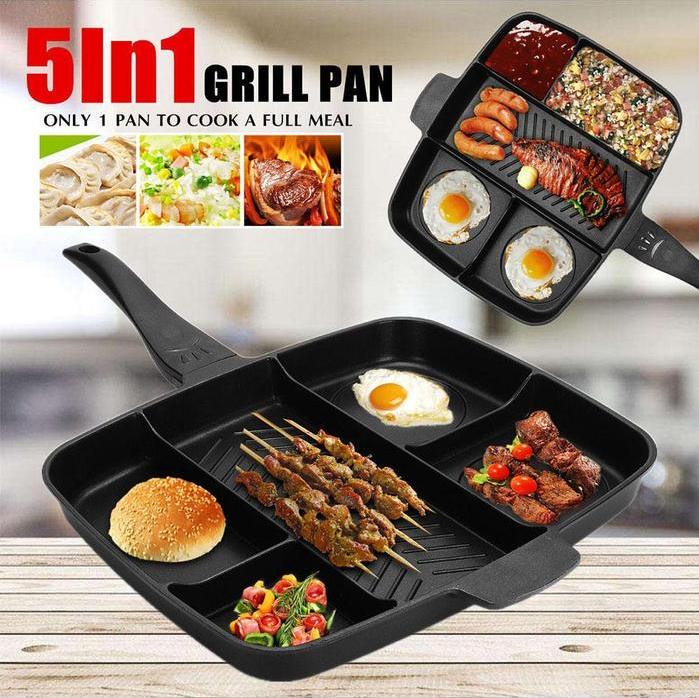 Tigaie Grill ANTIADERENTA Multifunctionala cu 5 Compartimente Pentru Gatit