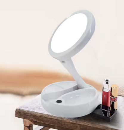Oglinda cu 2 fete, rotunda pentru machiaj cu iluminare LED, Pliabila, 25 cm, Efect de lupa