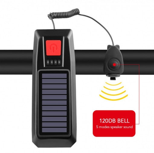Far lampa cu panou solar pentru bicicleta / trotineta, claxon, usb, functie incarcare telefon