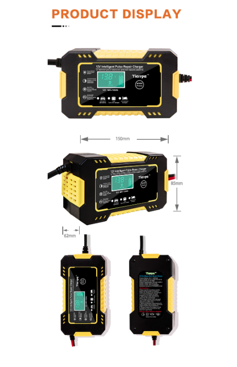 Redresor acumulatori 12V6Amax 4-100Ah, RJTianye,motocicleta - masina, Cu afisaj, Recunoasterea inteligenta a modului de iarna si vara, Incarcarea impulsurilor repara bateria, Identificati inteligent capacitatea ramasa a bateriei
