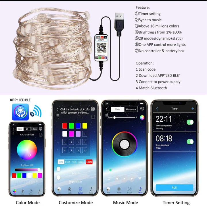 Instalatie luminoasa inteligenta bluetooth 4.0 control din aplicatie conectare prin USB 8 metri multicolora